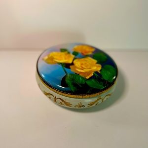1960's Vintage Tin/jewelry box with Cottagecore Floral Yellow Rose Design